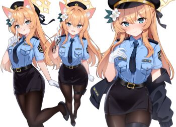 Rule 34 | 1girl, absurdres, alternate costume, animal ear fluff, animal ears, black pantyhose, blue archive, blue eyes, blue shirt, cat ears, commentary, cuffs, flower, gloves, hair flower, hair ornament, halo, handcuffs, hat, highres, long hair, looking at viewer, mari (blue archive), necktie, orange hair, pantyhose, peaked cap, pencil skirt, police, police hat, police uniform, policewoman, rinringyo, shirt, skirt, smile, solo, thigh strap, untranslatable commentary, white background, white flower, white gloves, yellow halo