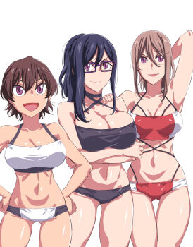 Rule 34 | 3girls, akane (hitomi-chan wa hitomishiri), arm up, bare shoulders, black hair, breasts, brown hair, collarbone, commentary, crossed arms, delinquent, freckles, glasses, hands on own hips, highres, hitomi-chan wa hitomishiri, large breasts, lips, long bangs, long hair, long neck, midriff, multiple girls, natsumi chorisuke, naughty face, navel, official art, open mouth, pale skin, ponytail, purple eyes, sakura (hitomi-chan wa hitomishiri), shiny skin, shizuka (hitomi-chan wa hitomishiri), short hair, simple background, swimsuit, thighs, toned, two-tone one-piece swimsuit, two-tone swimsuit, white background