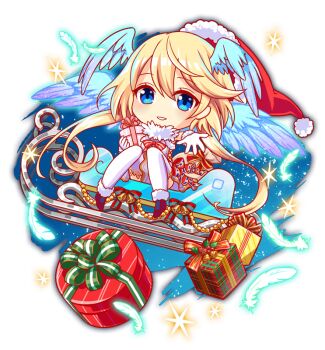 1girl alternate_costume aqua_wings artist_request bare_arms bell blonde_hair blue_eyes blue_sky bow box cel_shading chibi chibi_only closed_mouth collar crash_fever cross-laced_clothes cross-laced_dress dress dress_bow full_body game_cg gift gift_box gloves gradient_wings hair_between_eyes hat head_wings holding holding_gift jung_(crash_fever) long_hair looking_at_viewer medium_hair multicolored_wings number_print numbered official_alternate_costume official_art outline outstretched_arm outstretched_hand pom_pom_(clothes) puffy-trimmed_footwear puffy-trimmed_hat red_footwear red_hair red_outline sack santa_hat transparent_wings sitting sky sleeveless sleeveless_dress sleigh solo sparkle square square_print star_(sky) tachi-e teeth thighhighs third-party_source transparent_background two-tone_bow very_long_hair white_collar white_dress white_gloves white_pom_poms white_thighhighs white_wings wings