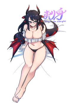 1girl bare_shoulders barefoot black_hair black_horns black_panties black_tail black_wings blue_eyes blush breasts cleavage dragon_girl dragon_horns dragon_tail dragon_wings duel_monster full_body highres horns house_dragonmaid huge_breasts long_hair panties red_horns red_tail red_wings semi-rimless_eyewear sitting smile solo tail tokiwajing two-tone_hoodie two-tone_tail under-rim_eyewear underwear wings yu-gi-oh!