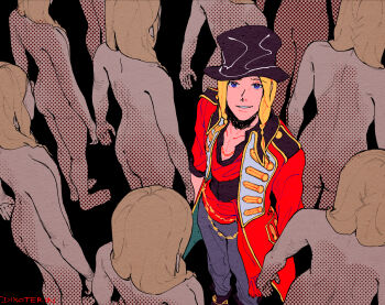 Rule 34 | 6+boys, absurdres, artist name, ass, black background, black hat, blonde hair, blue eyes, braid, clone, commentary, completely nude, dio (kyokugen dasshutsu), dixoterin, english commentary, eyelashes, grey pants, hat, highres, jacket, kyokugen dasshutsu, kyokugen dasshutsu adv: zennin shibou desu, looking at viewer, medium hair, multiple boys, nude, open clothes, open jacket, pants, red jacket, red shirt, shirt, simple background, smile, spoilers, standing, top hat, twin braids