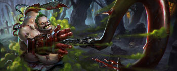 1boy blood chain dota_(series) dota_2 fat fat_man forest highres holding holding_knife holding_weapon hook ji_zhang knife male_focus nature no_pupils outdoors pudge_(dota) solo weapon