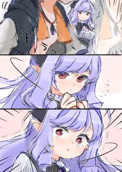 az79709363 black_jacket blush closed_mouth grey_hair highres jacket long_hair looking_at_viewer official_alternate_costume open_clothes open_jacket pointy_ears purple_hair red_eyes sidelocks very_long_hair vivian_banshee wise_(peaceful_waves)_(zenless_zone_zero) wise_(zenless_zone_zero) zenless_zone_zero