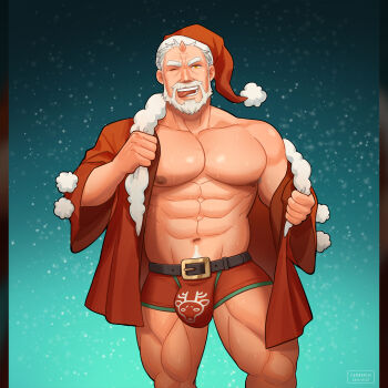 1boy :p abs bara bare_pectorals beard bulge cerberus_arts christmas commentary english_commentary facial_hair feet_out_of_frame fur-trimmed_jacket fur_trim hogen_(housamo) horns jacket large_pectorals looking_at_viewer male_focus mature_male merry_christmas muscular muscular_male mustache navel navel_hair nipples old old_man open_clothes open_jacket pants pectorals red_jacket red_pants seductive_smile short_hair single_horn smile solo stomach textless_version thick_thighs thighs tokyo_houkago_summoners tongue tongue_out undressing wrinkled_skin yellow_eyes