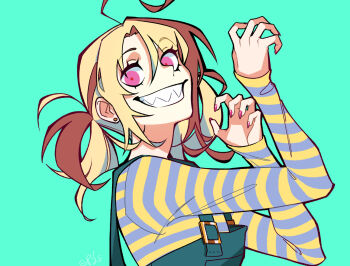 1girl ahoge alternate_costume blonde_hair brown_hair claw_pose commentary earrings english_commentary eyelashes from_side gigglepox gigi_murin green_background grin hair_between_eyes hands_up highres hololive hololive_english jewelry long_hair looking_at_viewer multicolored_hair nail_polish pink_eyes red_nails sharp_teeth shirt simple_background smile solo striped_clothes striped_shirt stud_earrings suspenders teeth twintails two-tone_hair upper_body virtual_youtuber