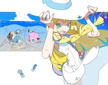 1girl :d absurdres beach blonde_hair blue_sky candy_wrapper cloud commentary_request dress eyelashes fighting gen_1_pokemon gen_7_pokemon green_eyes hands_on_headwear hat highres himuro_yukichiko jigglypuff komala lillie_(pokemon) long_hair nintendo ocean open_mouth palm_leaf pen pokemon pokemon_(creature) pokemon_sm ponytail rare_candy sky sleeveless sleeveless_dress smile summer sun_hat sundress water_drop white_background white_dress white_hat