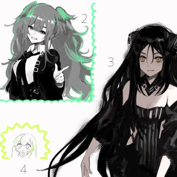 3girls bare_shoulders black_dress black_hair breasts commentary_request dreamer_(girls'_frontline) dress girls'_frontline hair_between_eyes long_hair looking_at_viewer m4a1_(girls'_frontline) m950a_(girls'_frontline) multiple_girls open_mouth smile tarano_(tsumugiko) white_background yellow_eyes