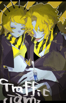 1boy 1girl absurdres black_pants blonde_hair blood blue_blood colored_sclera colored_skin colored_teeth commentary_request eyelashes flurry_(a_ka_shi) grey_skin highres long_hair midriff nekoma_hikaru pants sharp_teeth song_name striped_background striped_bandana teeth tongue tongue_out traffic_jam_(vocaloid) welter_(a_ka_shi) yellow_lips yellow_sclera yellow_teeth