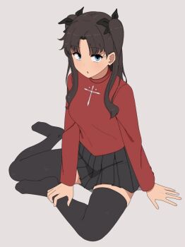 1girl black_hair black_thighhighs blue_eyes breasts commentary_request elel185 fate/stay_night fate_(series) full_body medium_breasts miniskirt no_shoes pleated_skirt shirt sitting skirt solo thighhighs tohsaka_rin turtleneck turtleneck_shirt two_side_up yokozuwari zettai_ryouiki