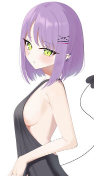 1girl absurdres backless_dress backless_outfit black_dress blush breasts closed_mouth demon_girl demon_tail dress ear_piercing green_eyes hair_ornament hairpin highres hololive looking_at_viewer looking_to_the_side medium_hair piercing pointy_ears purple_hair sideboob small_breasts solo tail tokoyami_towa uw_chanmaru virtual_youtuber x_hair_ornament