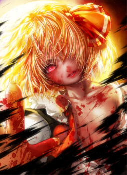 1girl backlighting black_vest blonde_hair blood blood_on_clothes blood_on_face blood_on_hands bow breasts commentary_request darkness hair_bow hair_over_one_eye head_tilt lips looking_at_viewer misaki_(kyal_001) nose open_clothes open_shirt open_vest orange_background orange_bow parted_lips reaching reaching_towards_viewer realistic red_eyes rumia shirt short_hair small_breasts solo touhou vest white_shirt