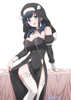 1girl absurdres amano_nene_(vtuber) amano_nene_(vtuber)_(nun) black_dress blue_eyes blue_hair blush breasts cleavage clothes_lift dress dress_lift fuusuke_(fusuke208) hashtag-only_commentary highres indie_virtual_youtuber large_breasts looking_at_viewer open_mouth sidelocks solo thigh_strap thighhighs upper_body virtual_youtuber white_background white_thighhighs