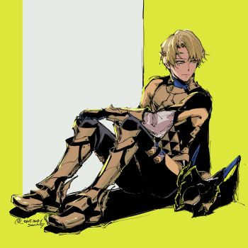 1boy alfred_(fire_emblem) alternate_costume armor armored_boots blonde_hair boots fire_emblem fire_emblem_engage green_eyes highres looking_to_the_side male_focus nintendo prince solo umi_(_oneinchswing) unworn_headgear