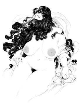 1girl artist_logo artist_name belly black_hair black_pubic_hair breasts breasts_apart commentary english_commentary excessive_pubic_hair female_pubic_hair fingernails godiva_ghoul highres holding_limb large_areolae large_breasts logo long_fingernails long_hair mature_female navel nipples nude original plump pointy_breasts pubic_hair sagging_breasts sharp_fingernails shawl simple_background sketch solo stomach thick_thighs thighs white_background wide_hips