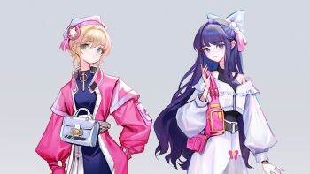 Rule 34 | 2girls, adapted costume, aged up, bag, baggy pants, beret, black dress, black shirt, blue bag, blue eyes, blue hat, bow, brown hair, cardcaptor sakura, casual, chinese commentary, coat, collared coat, collared dress, commentary request, cowboy shot, daidouji tomoyo, dot nose, dress, expressionless, eyelashes, green eyes, grey background, hair between eyes, hair bow, hair intakes, hair ornament, hair ribbon, halter shirt, halterneck, hand in pocket, hat, high-waist pants, holding, holding bag, jacket, kinomoto sakura, large bow, long hair, long sleeves, looking at viewer, multiple girls, off-shoulder jacket, off shoulder, open clothes, open coat, pants, parted lips, pink bag, pink coat, pink ribbon, pom pom (clothes), pom pom hair ornament, puffy long sleeves, puffy sleeves, purple hair, ribbon, shanwenyufan, shirt, short hair with long locks, shoulder bag, sidelocks, simple background, standing, star (symbol), star hair ornament, tassel, tassel hair ornament, very long hair, waist bag, wavy hair, white bow, white jacket, white pants