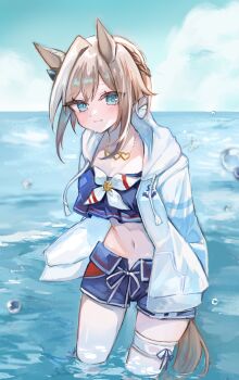 1girl absurdres animal_ears arms_behind_back blue_eyes blue_shorts blue_sky breasts brown_hair cheval_grand_(summer_calm_navy_drop)_(umamusume) cheval_grand_(umamusume) cleavage closed_mouth cloud commentary_request day drawstring heart heart_necklace highres hood hood_down hooded_jacket horizon horse_ears horse_girl horse_tail jacket jewelry long_sleeves looking_at_viewer medium_breasts moko_(mokochisa) multicolored_hair navel necklace ocean open_clothes open_jacket outdoors short_shorts shorts signature sky smile solo standing streaked_hair tail umamusume wading water water_drop white_hair white_jacket