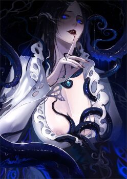 1girl black_background black_hair blue_eyes finger_to_mouth from_below glowing glowing_eyes hand_up highres long_sleeves looking_at_viewer looking_down nipple_slip nipples path_to_nowhere renepolumorfous shin_(path_to_nowhere) shirt shushing solo tentacles upper_body white_shirt