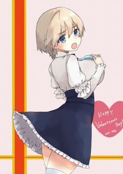 1girl absurdres blonde_hair blue_eyes blue_skirt brave_witches breasts dress happy_valentine heart highres large_breasts looking_at_viewer nikka_edvardine_katajainen open_mouth pix3dayo short_hair skirt solo standing thighhighs white_dress white_thighhighs world_witches_series