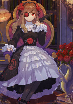 1girl absurdres ankle_flower ankle_strap armchair black_dress black_footwear black_pantyhose book book_stack bookshelf brown_hair chair clock closed_mouth curly_hair drawer dress earrings expressionless eyepatch feet_out_of_frame floral_print flower flower_earrings flower_eyepatch gothic_lolita hair_flower hair_ornament hairband highres holding holding_quill jewelry lamp layered_dress lolita_fashion lolita_hairband long_hair long_sleeves looking_at_viewer original pantyhose pendulum_clock quill red_flower red_rose rose rose_print sangatsu_(mitsuki358) sitting solo two-tone_dress vase white_dress