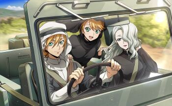 1boy 2girls artist_request blonde_hair blush breasts code_geass code_geass:_lost_stories code_geass:_soubou_no_oz dress driving game_cg green_eyes hair_between_eyes highres long_hair long_sleeves medium_breasts miss_x_(code_geass) multiple_girls non-web_source official_art oldrin_zevon open_mouth orpheus_zevon short_hair