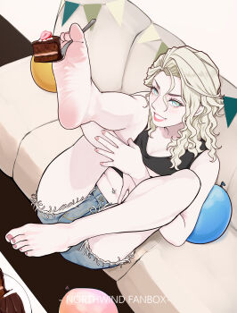 1girl absurdres balloon barefoot beifeng_han between_toes blonde_hair blue_eyes cake cake_slice couch denim denim_shorts feet food highres light_blush long_hair looking_at_viewer mole mole_under_mouth original parted_lips short_shorts shorts smile soles toes