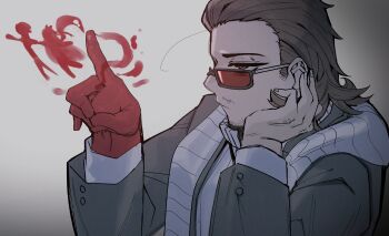 1boy absurdres alternate_costume bags_under_eyes beard_stubble black-framed_eyewear black-framed_glasses black_coat black_suit blood blood_drawing brown_hair closed_mouth coat collared_shirt colored_extremities colored_skin drawing_(action) elbow_rest facial_hair fingernails forehead formal_clothes from_side glasses gradient_background gregor_(project_moon) grey_background hair_slicked_back half-closed_eyes hand_on_own_cheek hand_on_own_face hands_up head_rest high_collar highres index_finger_raised la_manchaland_(identity)_(project_moon) limbus_company long_sleeves looking_afar male_focus official_alternate_costume open_clothes photoshop_(medium) pointing portrait profile project_moon red-tinted_eyewear red_eyes red_skin ribbed_shirt scarf shadow shirt short_hair sideburns simple_background solo stole striped_clothes striped_scarf stubble suit sunglasses thinking tinted_eyewear upper_body white_background white_scarf white_shirt white_stole