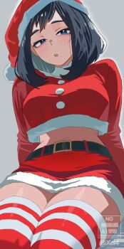 belt blue_eyes blush boku_no_hero_academia breasts commentary crop_top crop_top_overhang english_commentary grey_hair hat highres kodai_yui large_breasts long_hair looking_at_viewer navel open_mouth santa_costume santa_hat skirt stomach striped_clothes striped_thighhighs teeth thighhighs xel4 zettai_ryouiki