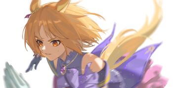 1girl animal_ears bare_shoulders blonde_hair chinese_commentary commentary_request gloves highres horse_ears horse_girl horse_tail mikann_(clm_mikan) narita_top_road_(the_proud_road)_(umamusume) narita_top_road_(umamusume) orange_eyes parted_bangs parted_lips pink_skirt purple_shirt running shirt short_hair skirt solo sweat tail umamusume white_gloves