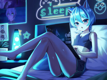 1boy animal_ears aqua_eyes barefoot bedroom black_shorts black_tank_top blue_hair cat_boy cat_ears commission commissioner_upload computer crop_top flat_chest highres holding holding_laptop indie_virtual_youtuber laptop lava_lamp lying mizumizzumiz monori-chan on_bed open_mouth pillow revealing_clothes short_shorts shorts tank_top thighs thinkpad typing