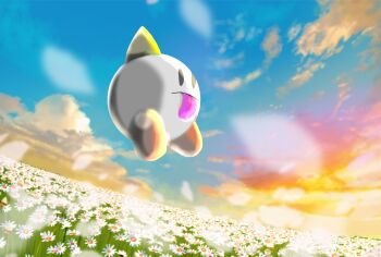 blue_sky blurry blurry_foreground cloud commentary_request dizzy_(kirby) field flower flower_field full_body highres hitose_shizuku horns jumping kirby's_dream_land kirby_(series) midair nintendo no_humans outdoors petals single_horn sky solid_oval_eyes solo tongue tongue_out white_flower white_petals