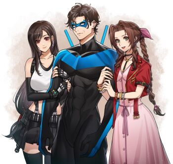 1boy 2girls absurdres aerith_gainsborough batman_(series) black_bodysuit blue_bodysuit blue_mask bodysuit crossover dc_comics dick_grayson final_fantasy final_fantasy_vii highres holding_another's_arm lukrevadraws mask multicolored_bodysuit multiple_girls nightwing superhero_costume tifa_lockhart two-tone_bodysuit