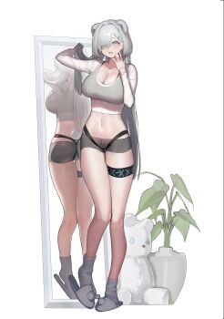 1girl absurdres animal_ears arknights aurora_(arknights) bear_ears bear_girl bear_tail breasts cleavage commentary cropped_shirt eyes_visible_through_hair full-length_mirror full_body grey_eyes grey_hair grey_shirt grey_shorts grey_slippers grey_socks hair_over_one_eye hand_to_own_mouth highres infection_monitor_(arknights) large_breasts long_hair long_sleeves micro_shorts mirror navel one_eye_closed open_mouth plant potted_plant reflection sanzuitaroh shirt shorts simple_background slippers socks solo standing stomach stuffed_animal stuffed_toy tail teddy_bear thigh_strap white_background yawning