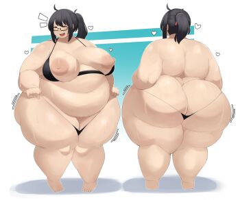 1girl absurdres ass bikini black_hair breasts breasts_out cleft_of_venus fat fat_woman from_behind glasses highres huge_ass large_areolae large_breasts nipples obese original ponytail pussy semi-rimless_eyewear stackydraws standing swimsuit thong_bikini under-rim_eyewear undressing wide_hips yellow_eyes