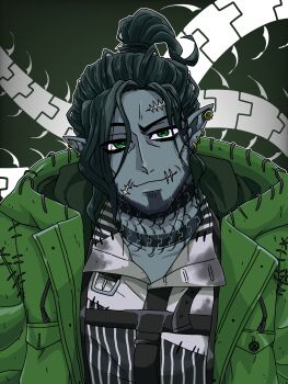 1boy beard centipede_tattoo chinstrap_beard collared_shirt cosplay facial_hair green_eyes highres hood hooded_jacket jacket looking_at_viewer male_focus mature_male neck_tattoo oogie_boogie oogie_boogie_(cosplay) poruporu0219 scar scar_on_face scar_on_forehead scar_on_mouth shirt smile solo stitched_clothes swing_(twisted_wonderland) tattoo the_nightmare_before_christmas twisted_wonderland