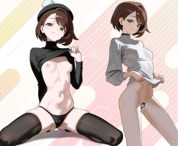 1girl absurdres beret black_choker black_panties black_shirt black_thighhighs bob_cut bottomless breasts brown_eyes brown_hair cameltoe censored character_censor choker closed_mouth clothes_lift gloria_(pokemon) grey_shirt hat highres kneeling lifting_own_clothes long_sleeves multiple_views navel nintendo nipples novelty_censor otokakoto panties pokemon pokemon_swsh pom_pom_(clothes) shirt shirt_lift short_hair skindentation small_breasts smile stomach tam_o&#039;_shanter thighhighs thighs turtleneck underwear