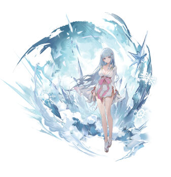 1girl absurdres ankle_socks arms_at_sides bare_legs bishoujo_mangekyou_(series) bishoujo_mangekyou_ibun:_yuki_onna blue_background blue_eyes blue_hair blue_theme bow breasts chinese_commentary cleavage collarbone commentary_request cryokinesis faux_figurine flower_knot full_body grin hair_ornament highres ice ice_crystal japanese_clothes kimono large_bow large_breasts legs long_sleeves looking_at_viewer obi obi_bow okobo pink_bow platform_sandals sandals sash sash_bow shirayuki_hime_(bishoujo_mangekyou) short_kimono sidelocks smile snowflakes socks solo standing tabi v-neck white_background white_kimono white_socks wide_sleeves yuki_onna zombie_ke