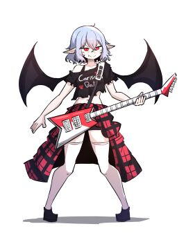1girl absurdres alternate_costume bat_wings black_bra black_wings bra bra_strap closed_mouth clothes_writing contemporary crop_top fang fang_out guitar highres instrument music plaid_clothes playing_guitar playing_instrument pointy_ears purple_hair red_eyes remilia_scarlet short_sleeves simple_background slit_pupils smug_suriipi solo thighhighs touhou underwear white_background white_thighhighs wings