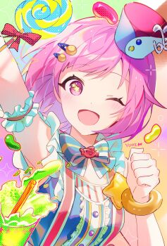 +_+ 1girl arm_up armband artist_name bob_cut bow bracelet breasts buttons candy clenched_teeth commentary_request dot_nose drinking_straw food hair_ornament hairclip hand_up hat highres jelly_bean jewelry lollipop looking_at_viewer official_alternate_costume one_eye_closed ootori_emu open_mouth pink_eyes pink_hair pop_in_my_heart!!_(project_sekai) project_sekai red_bow smile solo star_(symbol) teeth upper_body yuhi_(hssh_6)