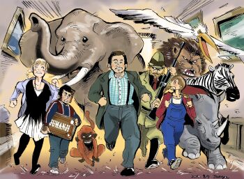 1995 2boys 2girls arajunboy dress elephant fleeing gun hat highres hunter indoors jumanji lion mansion monkey multiple_boys multiple_girls overalls ponytail robin_williams running shotgun sony squared_shirt stampede weapon zebra