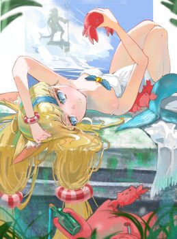 ahoge animal_ear_fluff animal_ears blonde_hair blue_eyes blue_hair blue_streaks bottle cat_ears crab dress fins fish_girl fish_tail gawr_gura highres holding holding_polearm holding_weapon hololive hololive_english hungyn16526851 indie_virtual_youtuber kaniki_(sameko_saba) lifebuoy_hair_ornament long_hair looking_at_viewer low_twintails message_in_a_bottle multicolored_hair paper_boat polearm sameko_saba shark_girl shark_tail statue streaked_hair tail trident twintails very_long_hair virtual_youtuber weapon white_dress