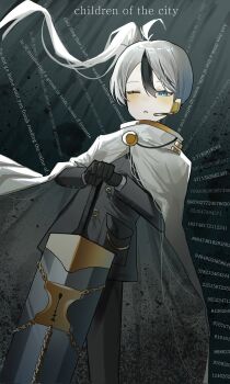 1boy ahoge black_gloves black_hair black_pants black_suit blue_eyes bright_pupils cape english_text formal_clothes gloves greatsword hair_between_eyes high_ponytail highres holding holding_sword holding_weapon library_of_ruina long_hair male_focus multicolored_hair one_eye_closed open_mouth orara_10 pants ponytail project_moon side_ponytail solo standing streaked_hair suit sword trap two-tone_hair weapon white_cape white_hair white_pupils yan_vismok