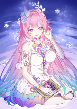 1girl armlet as_i&#039;ve_written_(honkai:_star_rail) bare_shoulders blue_hair book breasts commentary_request cyrene_(honkai:_star_rail) cyrene_(ripples_of_past_reverie)_(honkai:_star_rail) diamond-shaped_pupils diamond_(shape) dress flower gradient_hair hair_flower hair_intakes hair_ornament hand_up highres holding holding_book honkai:_star_rail honkai_(series) jewelry kobato_(youyoshi0422) large_breasts long_hair looking_at_viewer multicolored_hair open_mouth pink_hair pointy_ears purple_eyes purple_flower purple_rose rose sidelocks sitting smile solo symbol-shaped_pupils very_long_hair white_dress yokozuwari