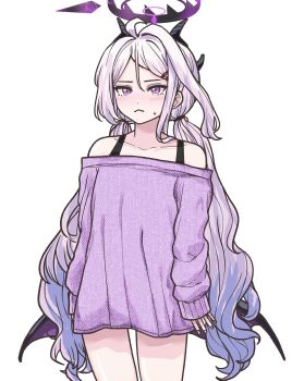 1girl ahoge black_halo blue_archive demon_girl demon_horns demon_wings halo highres hina_(blue_archive) horns long_hair looking_at_viewer low_wings oddman1234 off_shoulder purple_eyes simple_background solo standing sweat twintails very_long_hair white_background white_hair wings