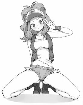 1girl arm_up baseball_cap blush breasts denim denim_shorts exposed_pocket full_body gluteal_fold greyscale hat high_ponytail highres hilda_(pokemon) long_hair looking_at_viewer medium_breasts midriff monochrome navel nintendo open_clothes open_vest pokemon pokemon_black_and_white ponytail shorts sidelocks smile solo spread_legs squatting thighs tiptoes torisanff14 v v-shaped_eyebrows vest wristband
