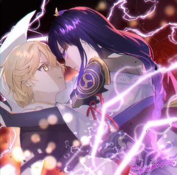 1boy 1girl aether_(genshin_impact) armor artist_name blonde_hair blunt_bangs blurry blurry_background braid bridal_gauntlets closed_mouth clothing_cutout commentary couple curly_hair depth_of_field electricity english_commentary friends from_behind from_side genshin_impact glowing glowing_eyes glowing_hair gradient_hair hair_between_eyes hair_ornament hetero highres japanese_armor japanese_clothes kimono kusogametaku leaning_back leaning_forward light_particles long_braid long_hair looking_at_another looking_down looking_up mitsudomoe_(shape) mixed-language_commentary multicolored_hair off_shoulder parted_lips pinned powering_up purple_eyes purple_kimono raiden_shogun red_background red_sash sash scarf shade shaded_face shoulder_armor shoulder_cutout single_braid tomoe_(symbol) twitter_username upper_body white_scarf yellow_eyes
