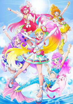 5girls 5gn9x anime_coloring blonde_hair blue_bow blue_eyes blue_hairband blue_shirt blue_sky boots bow bow_skirt bracelet brooch capelet choker clenched_hands clothing_cutout commentary cure_coral cure_flamingo cure_papaya cure_summer day dress elbow_gloves facial_mark feather_hair_ornament feathers fingerless_gloves food-themed_hair_ornament frilled_shirt frills fruit_hair_ornament gloves green_eyes hair_between_breasts hair_ornament hairband hat hat_bow highres ichinose_minori jewelry jumping kururun_(precure) laura_la_mer legs_up looking_at_viewer magical_girl medium_dress midriff miniskirt multicolored_hair multiple_girls natsuumi_manatsu neck_ribbon neckerchief orange_eyes orange_hair orange_ribbon outdoors pink_hair pink_sailor_collar pleated_skirt pouch precure purple_boots purple_capelet purple_choker purple_dress purple_eyes purple_hair raised_fist raised_fists red_bow red_hair red_shirt red_skirt ribbon sailor_collar sailor_hat sailor_shirt shell_brooch shirt shoes short_dress short_sleeves shoulder_cutout showgirl_skirt skirt sky sleeveless sleeveless_dress sleeveless_shirt standing sun suzumura_sango takizawa_asuka tropical-rouge!_precure tsukikage_oyama white_choker white_gloves white_hat white_neckerchief white_shirt white_shoes white_skirt yellow_boots yellow_dress yellow_gloves