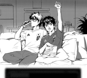 2boys ace_of_diamond arm_up can chips_(food) commentary_request couch drinking food glasses greyscale heise_wanbaolu holding holding_can light_blush male_focus miyuki_kazuya monochrome multiple_boys on_couch open_mouth pants pillow rectangular_eyewear refrigerator sawamura_eijun screentones short_hair sideburns sitting table