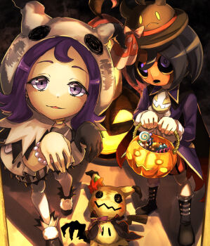 Rule 34 | 1boy, 1girl, acerola (fall 2020) (pokemon), acerola (pokemon), allister (fall 2022) (pokemon), allister (pokemon), black footwear, boots, brown hat, candy, food, gen 6 pokemon, gen 7 pokemon, ghost pose, gourgeist, halloween bucket, hat, highres, itsudzumi, lollipop, looking at viewer, mask, mimikyu, nintendo, official alternate costume, pokemon, pokemon (creature), pokemon masters ex, purple eyes, purple hair, standing