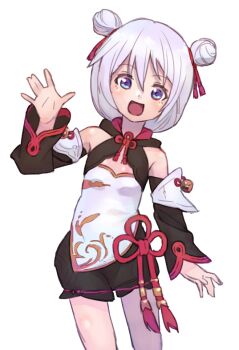 1girl :d \||/ black_shorts blue_eyes chinese_clothes commentary detached_sleeves double_bun hair_bun honkai_(series) honkai_impact_3rd looking_at_viewer matsushita_yuubin open_mouth shirt shorts simple_background smile solo tareme theresa_apocalypse theresa_apocalypse_(sugar_haw_child) theresa_apocalypse_(valkyrie_pledge) white_background white_shirt