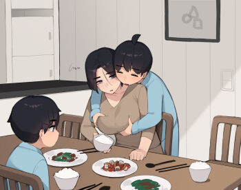 1girl 2boys age_difference akiyama_minato_(pepper0) akiyama_yuko_(pepper0) akiyama_yuto_(pepper0) blue_pajamas bowl brothers food grabbing_another&#039;s_breast grabbing_from_behind groping highres holding holding_bowl incest mature_female mother_and_son multiple_boys onee-shota original pajamas pepper0 rice shota siblings